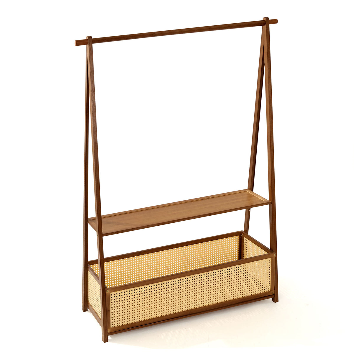 Bamboo Clothing Rack with Rattan Basket & Wheels