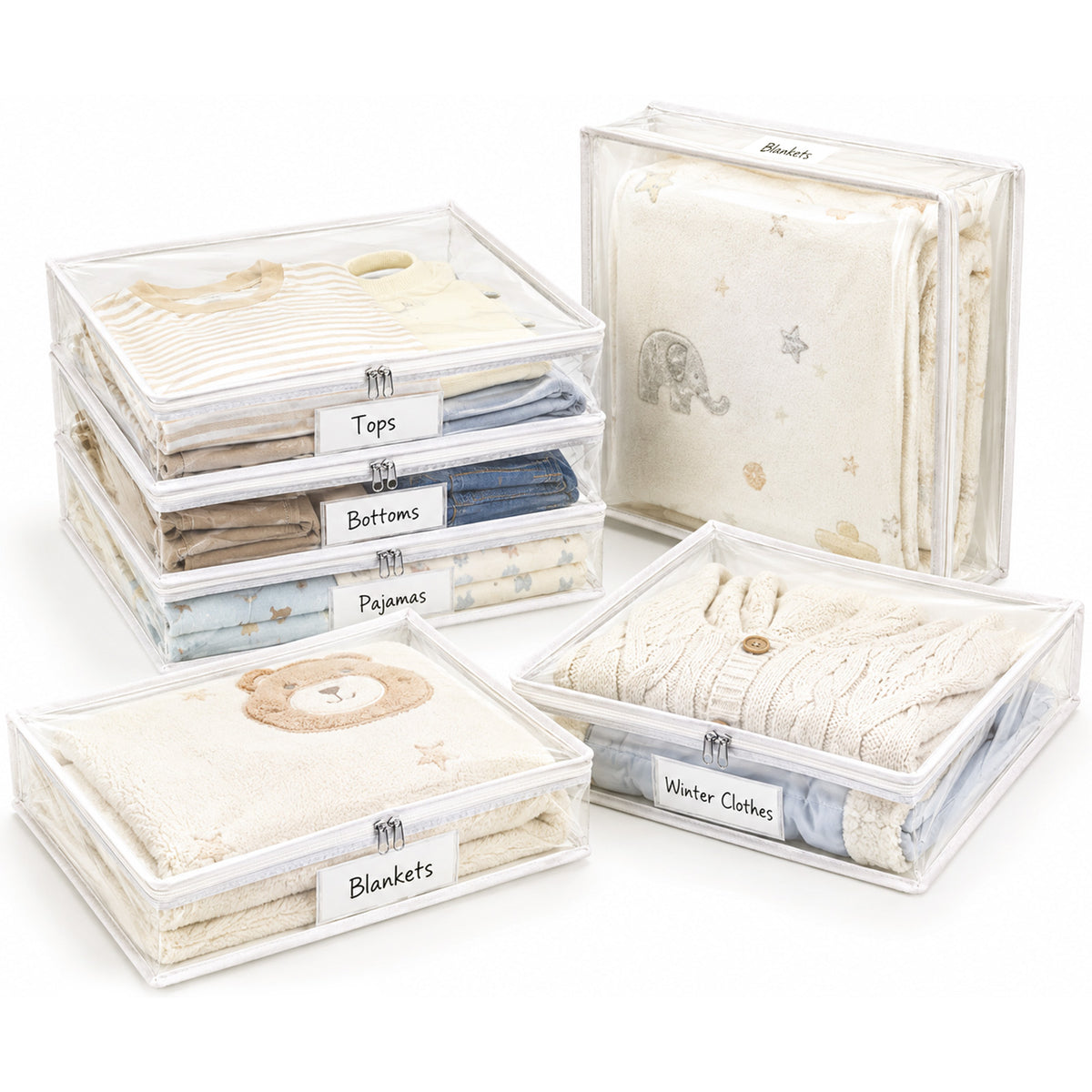 Clear PVC Storage Bags with Zipper for Kids Clothes & Toys – 6 Piece Organiser Set