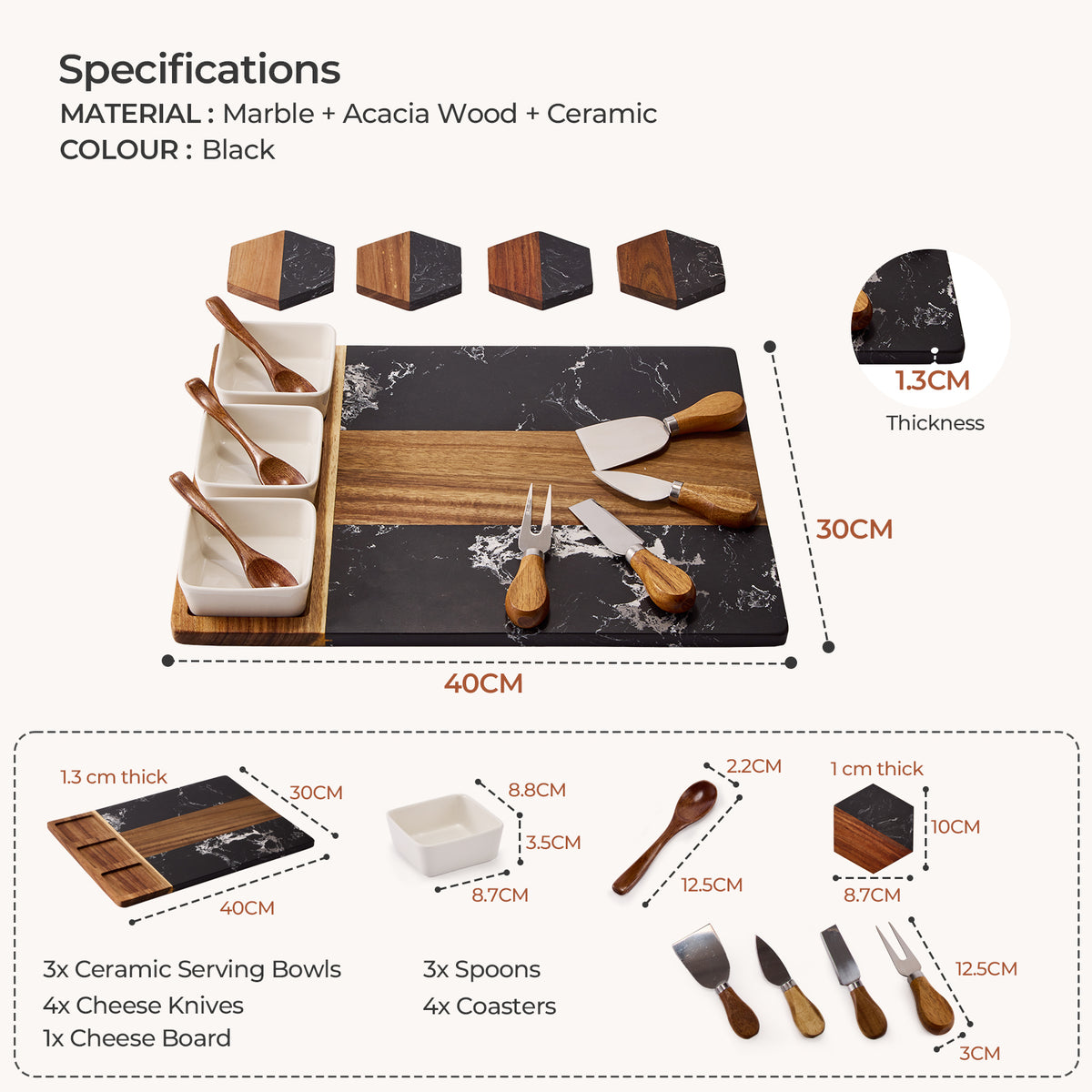 Acacia Wood & Black Marble Charcuterie Board Set