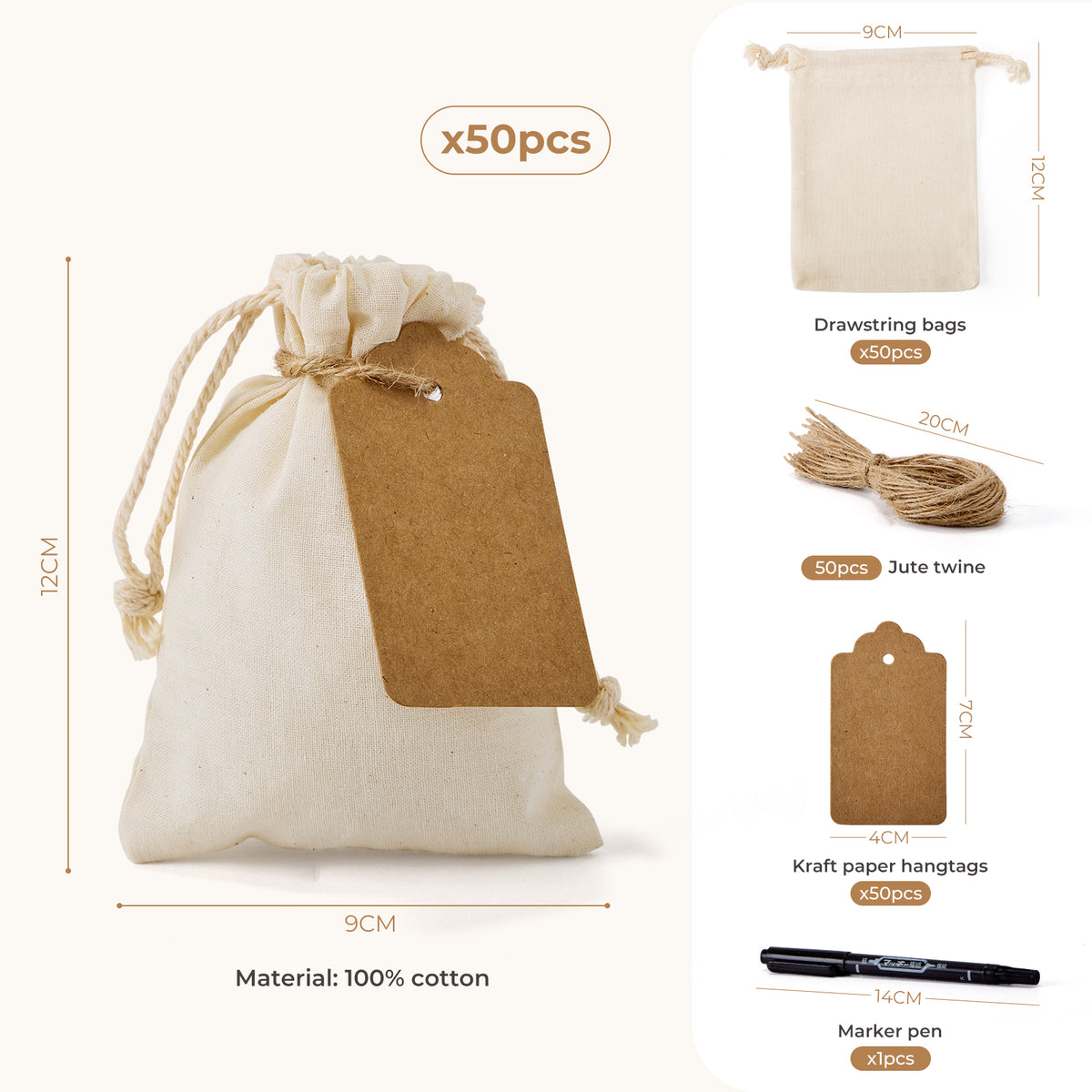 Cotton Drawstring Bags with Tags 9 x 12 cm - 50 Pack