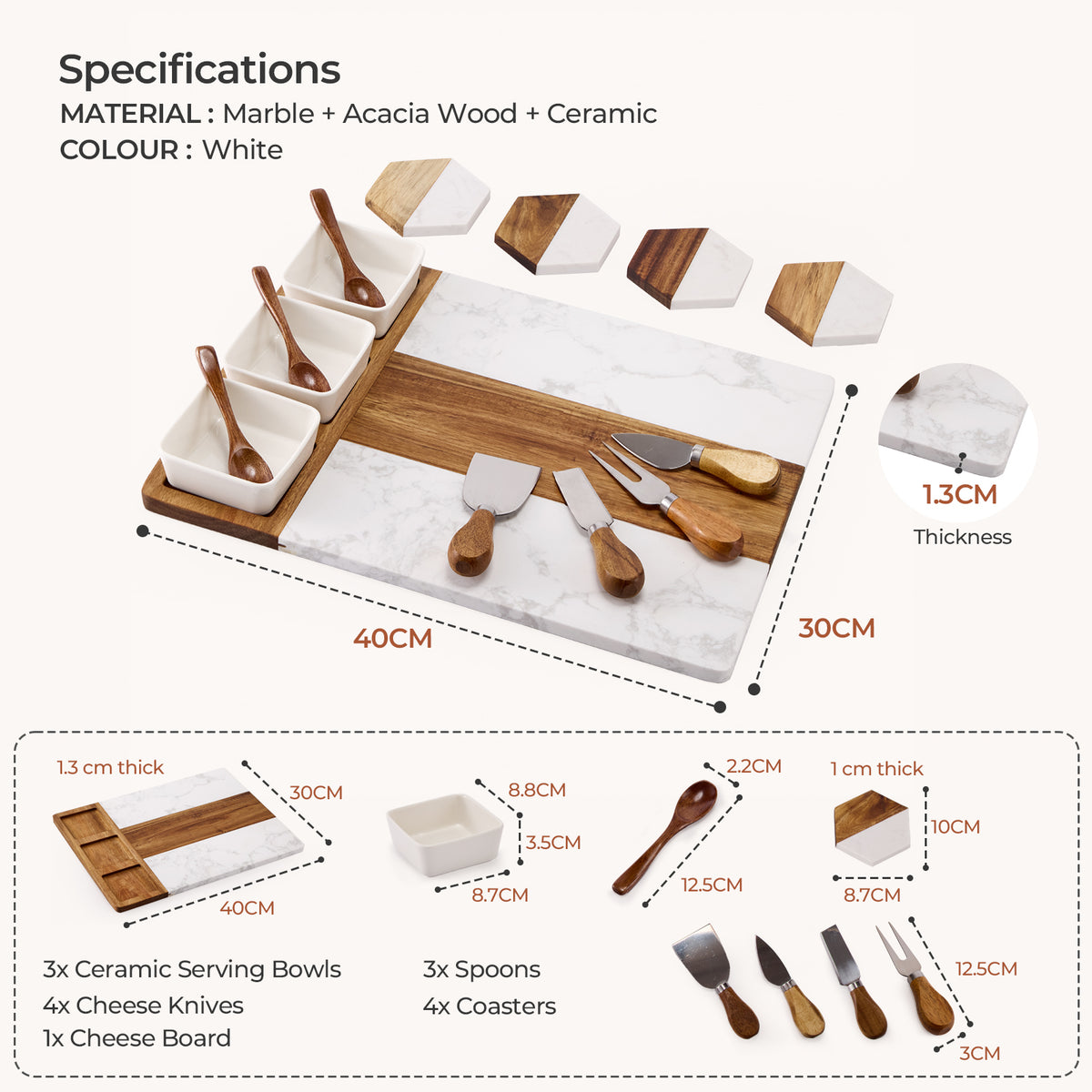 Acacia Wood & White Marble Charcuterie Board Set
