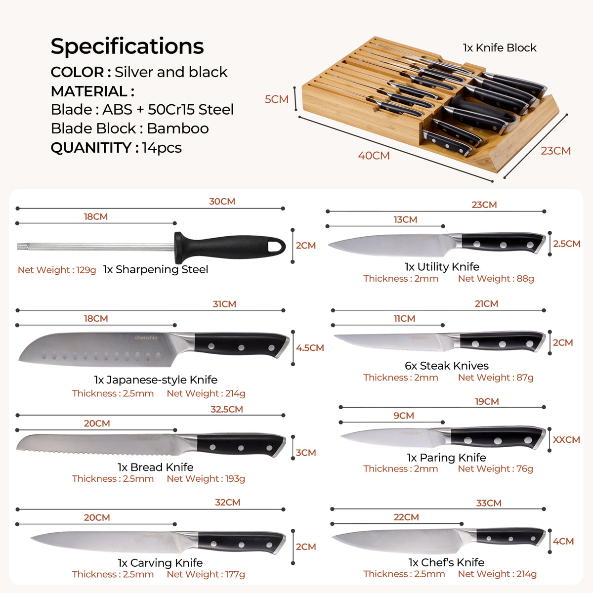 14-Piece Knife Set with Bamboo Drawer Block