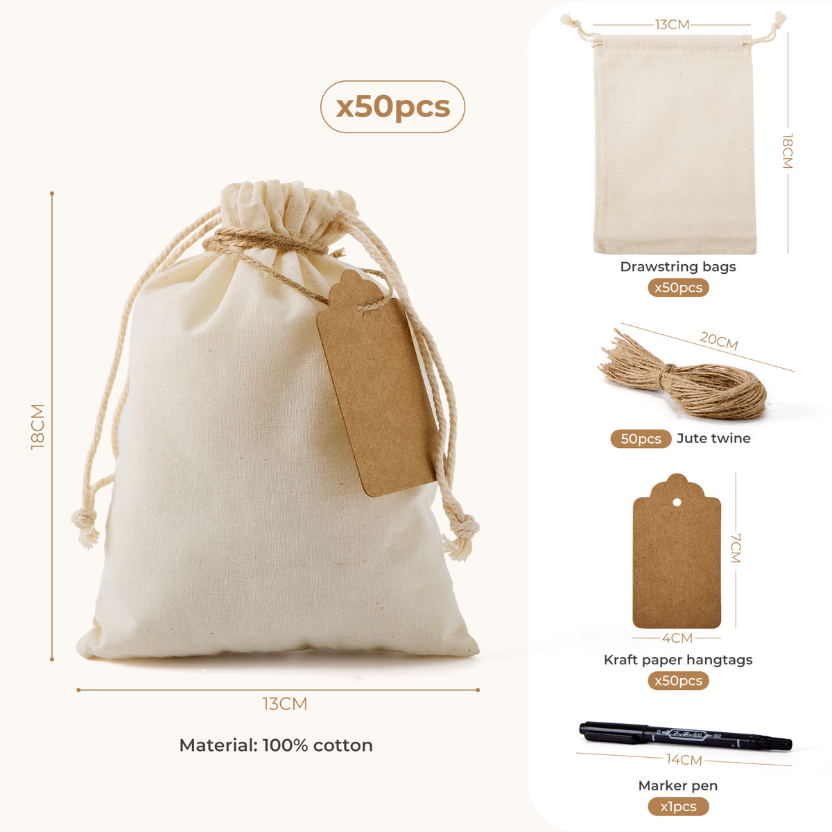 Cotton Drawstring Gift Bags 13 x 18 cm - 50 Pack