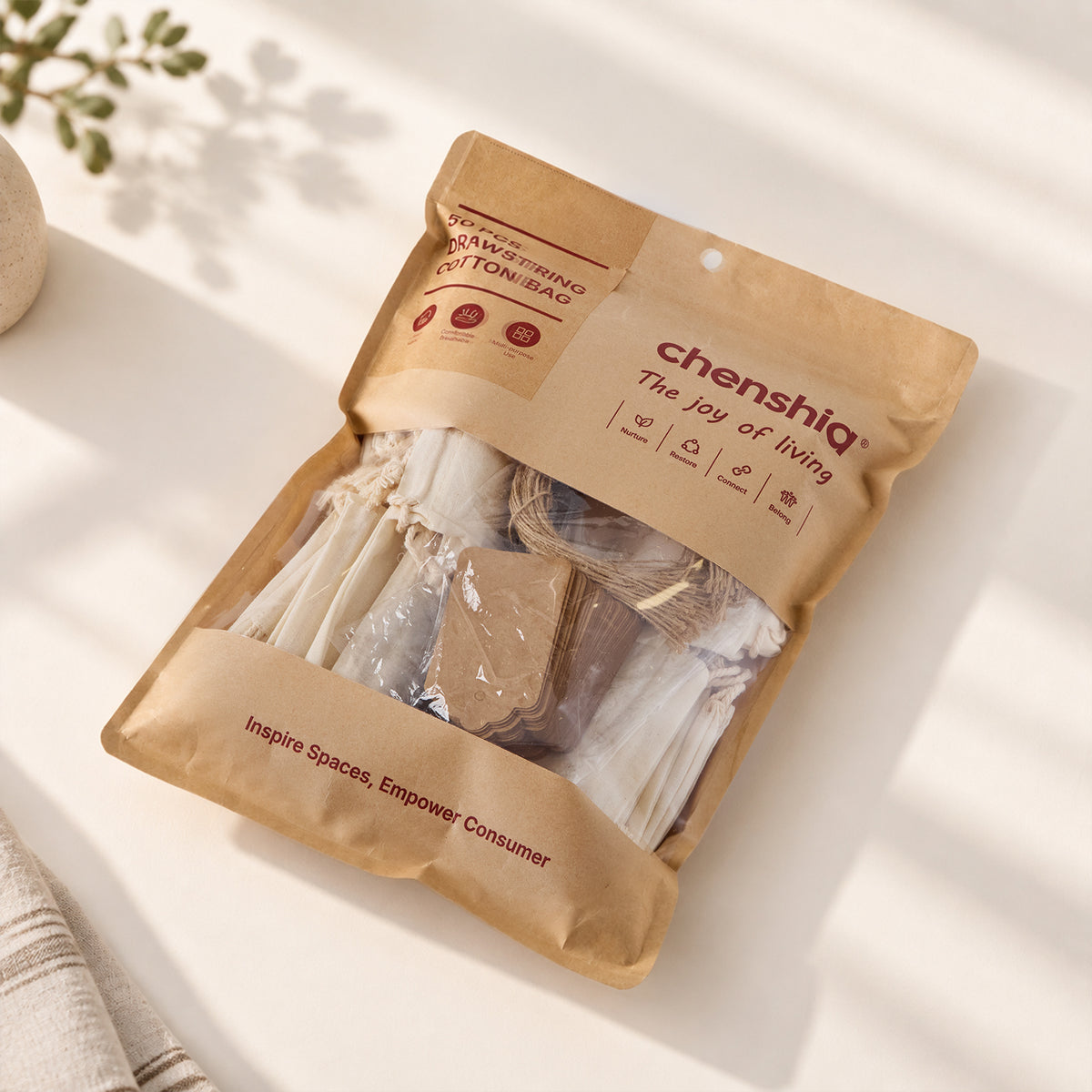 Cotton Drawstring Bags with Tags 9 x 12 cm - 50 Pack