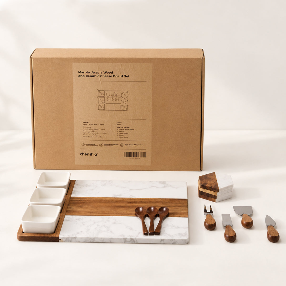 Acacia Wood & White Marble Charcuterie Board Set
