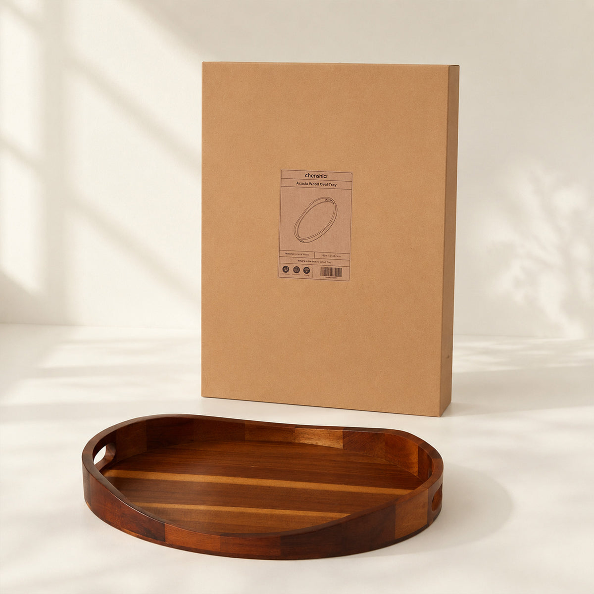 Oval Acacia Wood Serving Tray with Handles