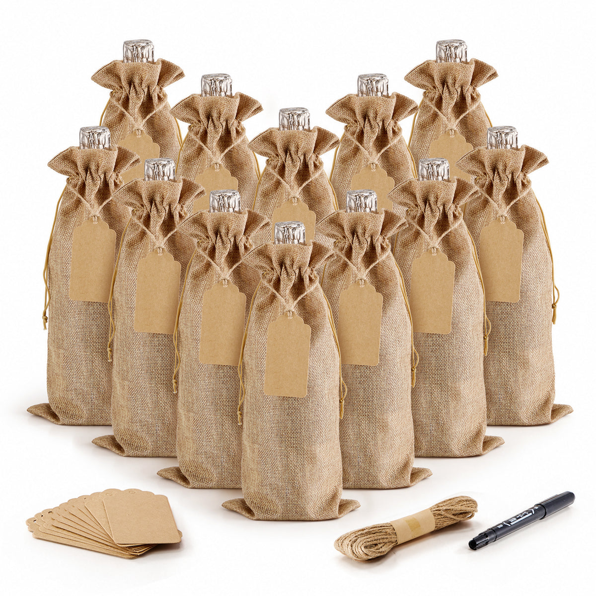 Burlap-Style Wine Gift Bags with Tags - 12 Pack