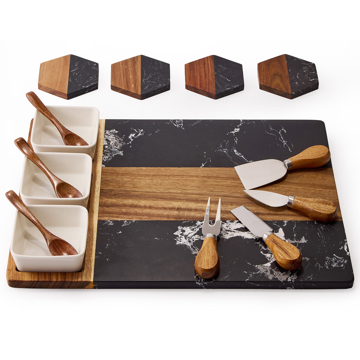 Acacia Wood & Black Marble Charcuterie Board Set