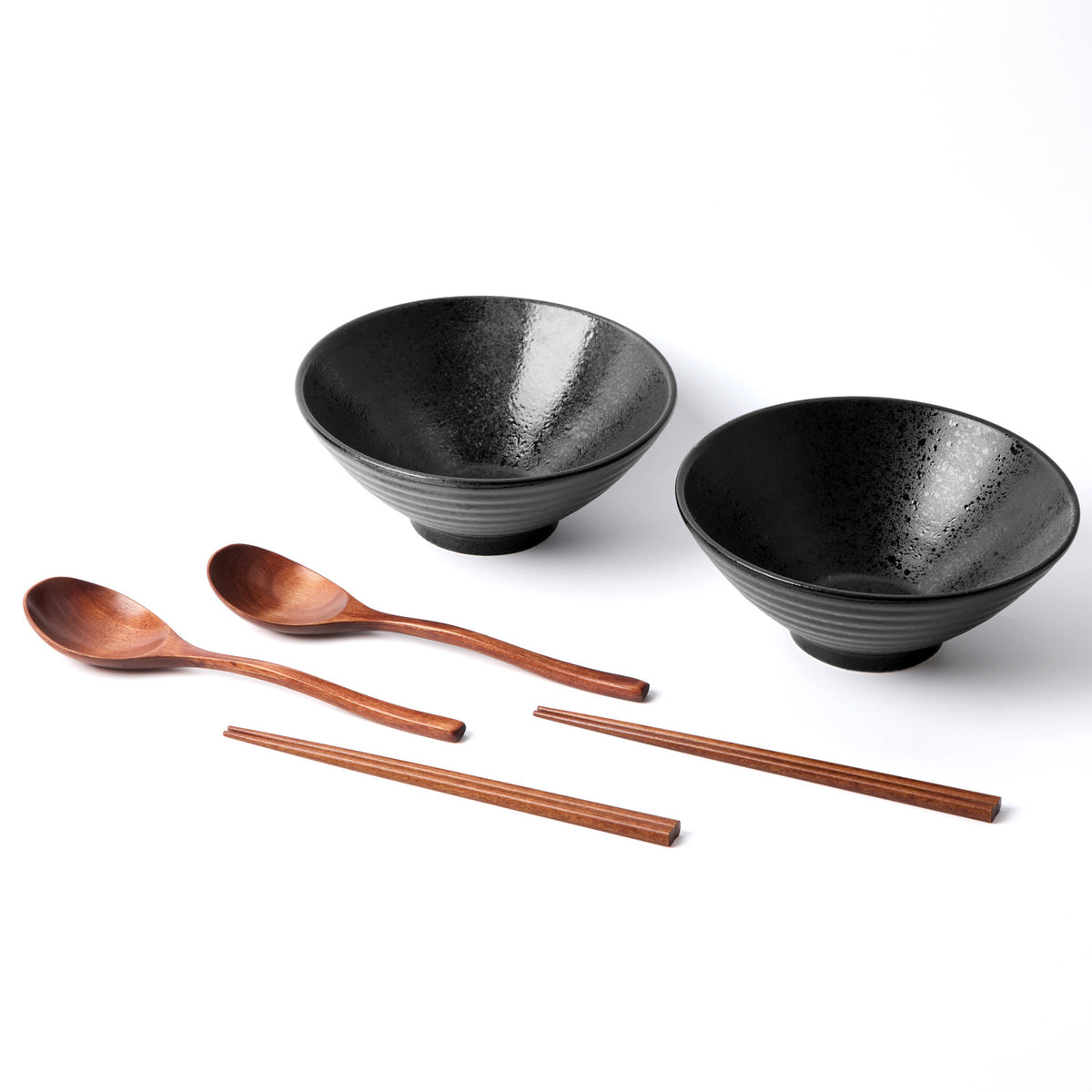 Ceramic Ramen Bowls with Chopsticks - 2 Pack | Black