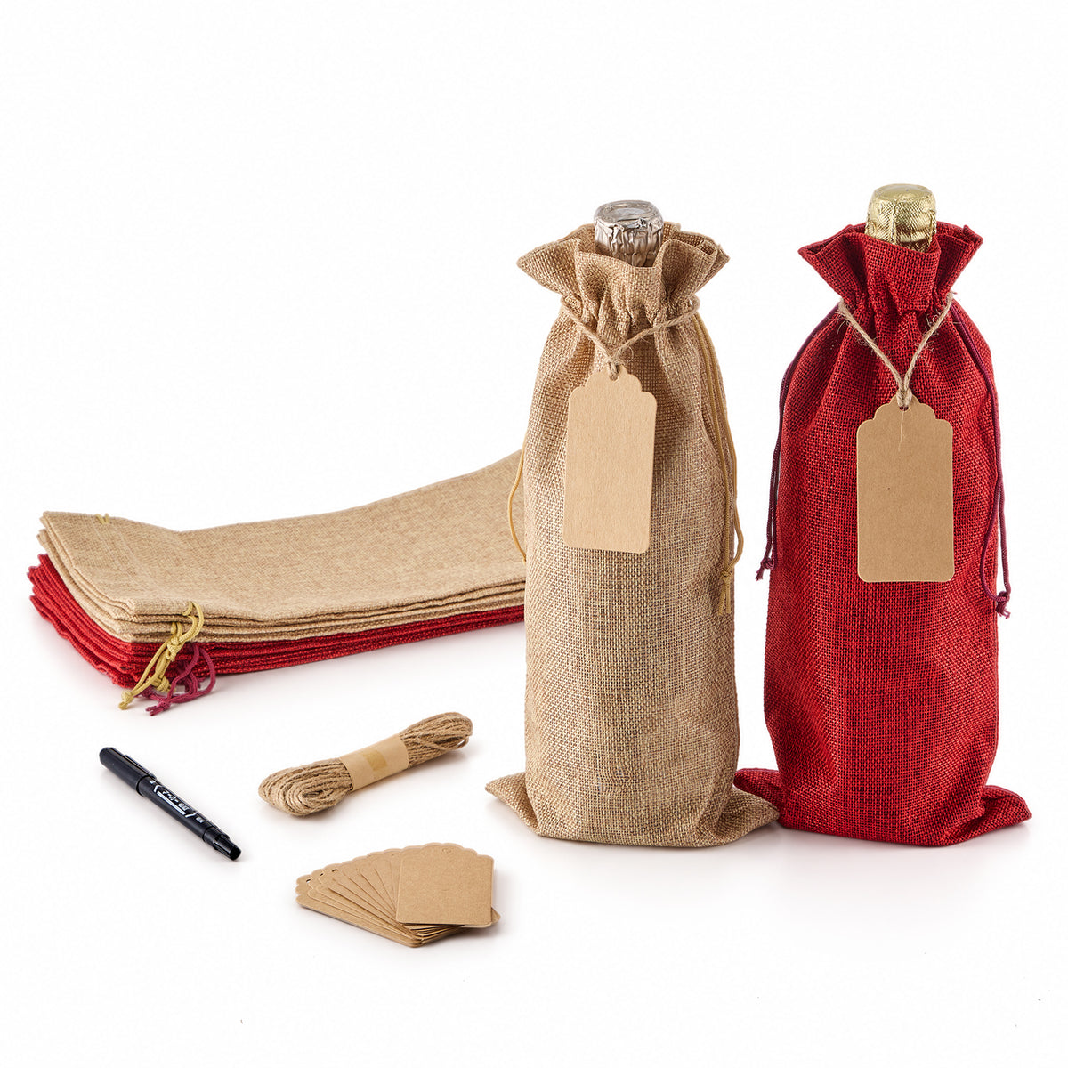 Burlap-Style Wine Gift Bags with Tags - 12 Pack