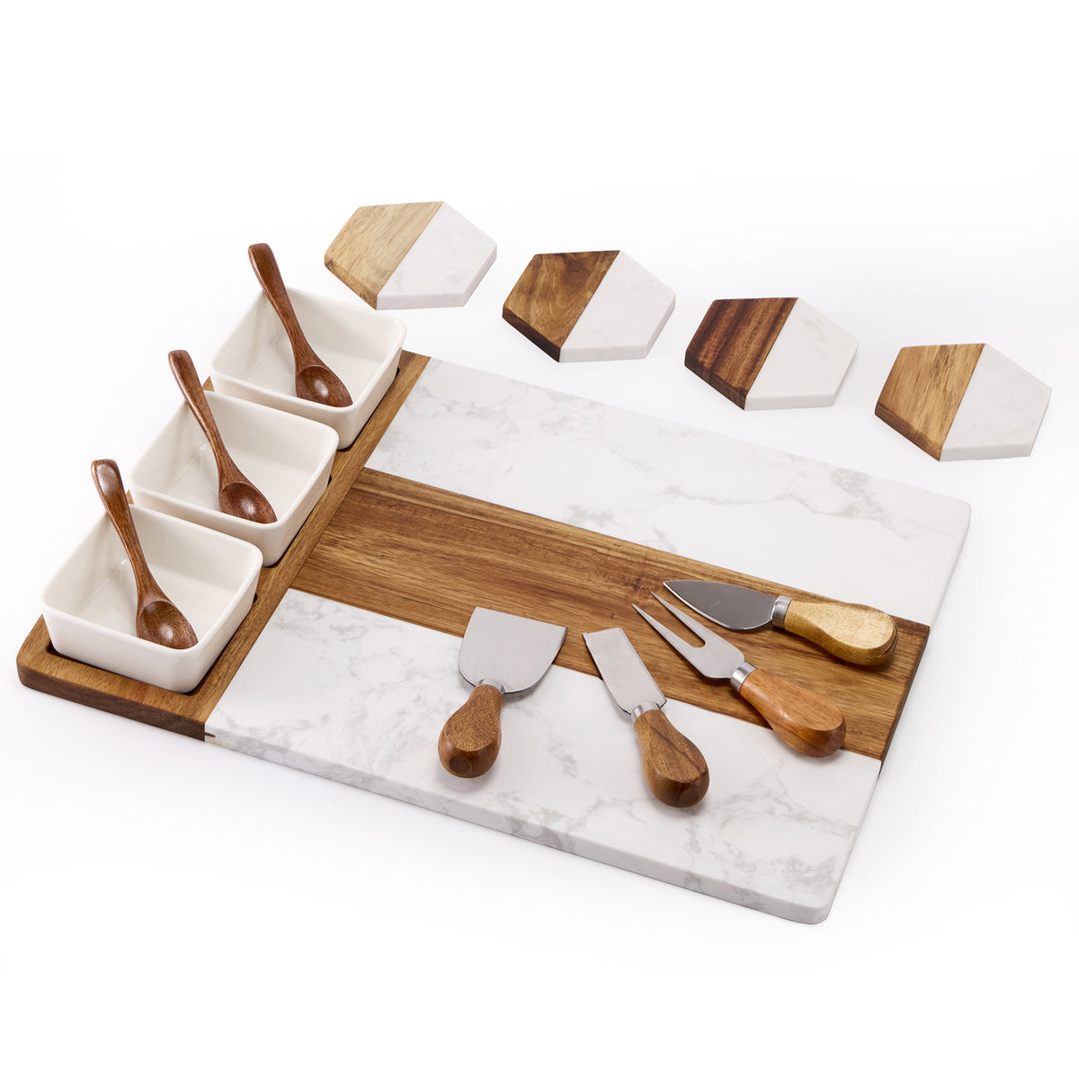 Acacia Wood & White Marble Charcuterie Board Set