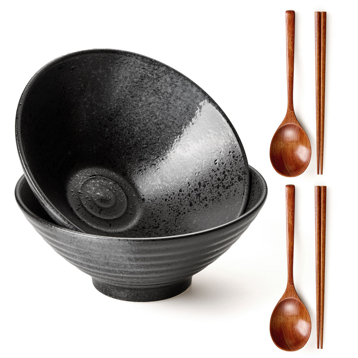 Ceramic Ramen Bowls with Chopsticks - 2 Pack | Black