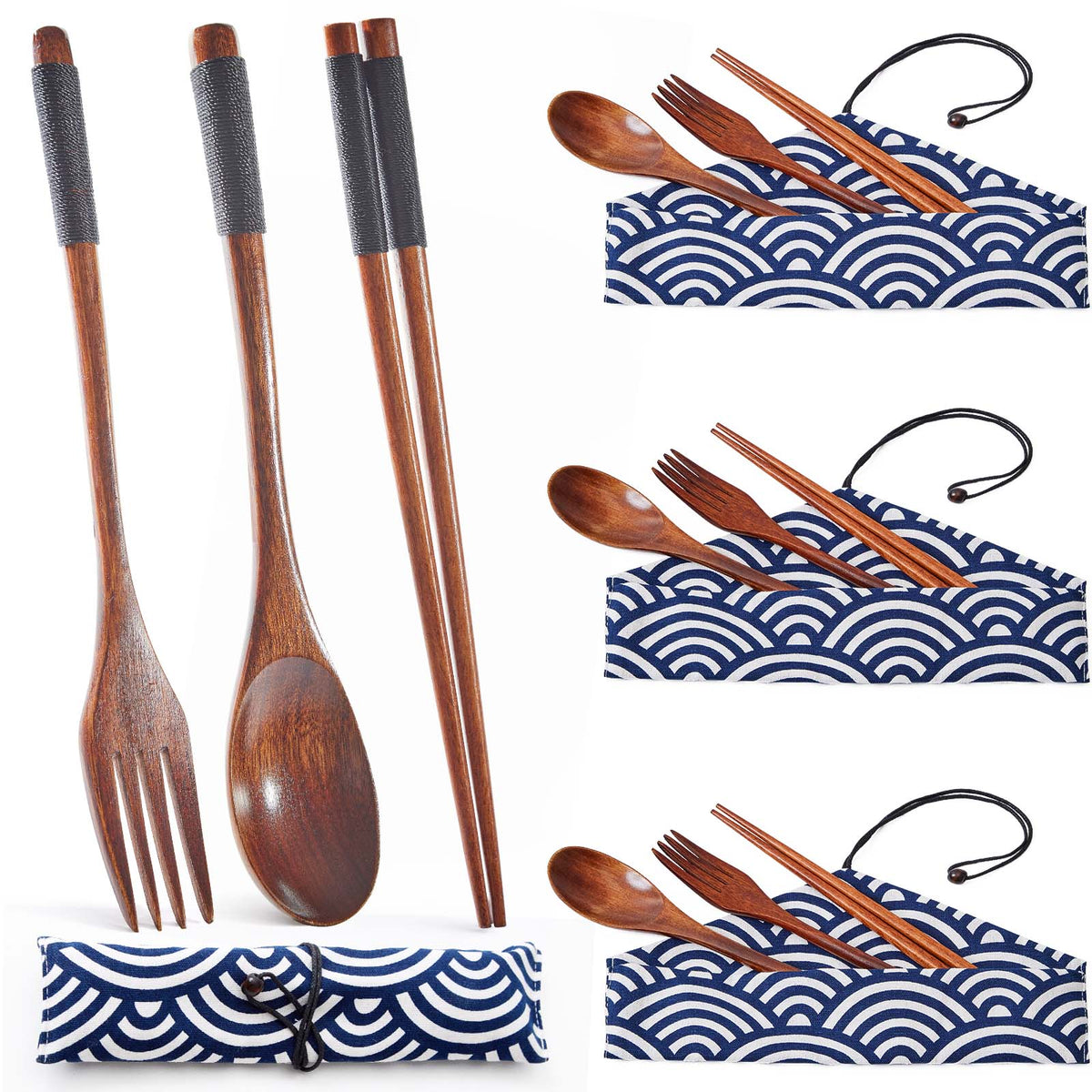Reusable Wooden Travel Cutlery Set - 16 Pieces - Black