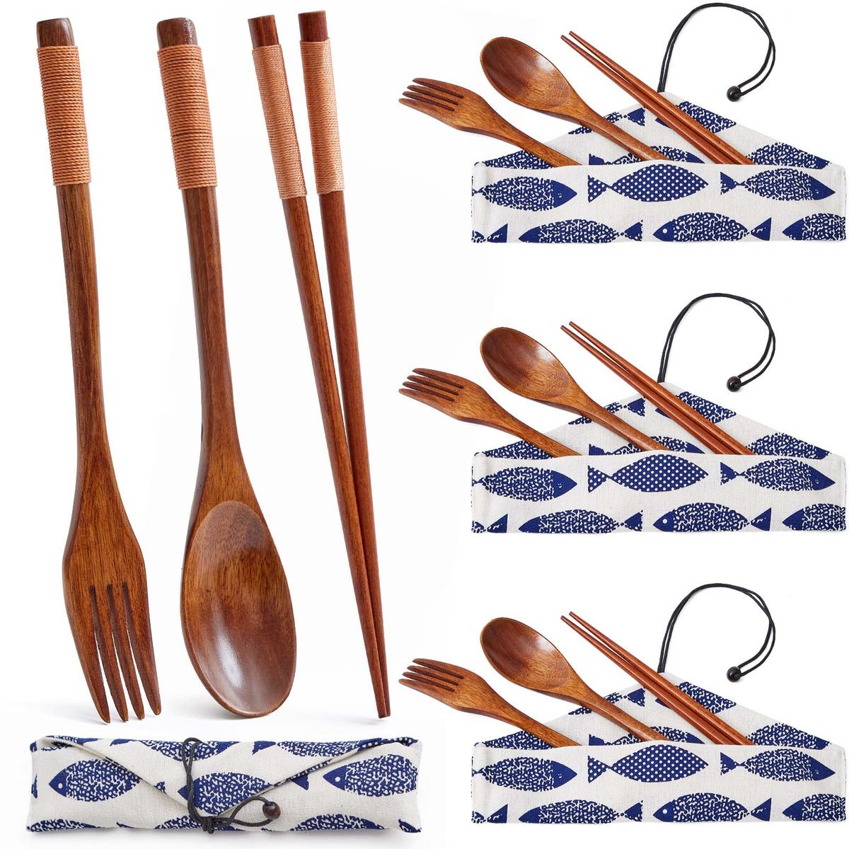 Reusable Wooden Travel Cutlery Set - 16 Pieces - Brown