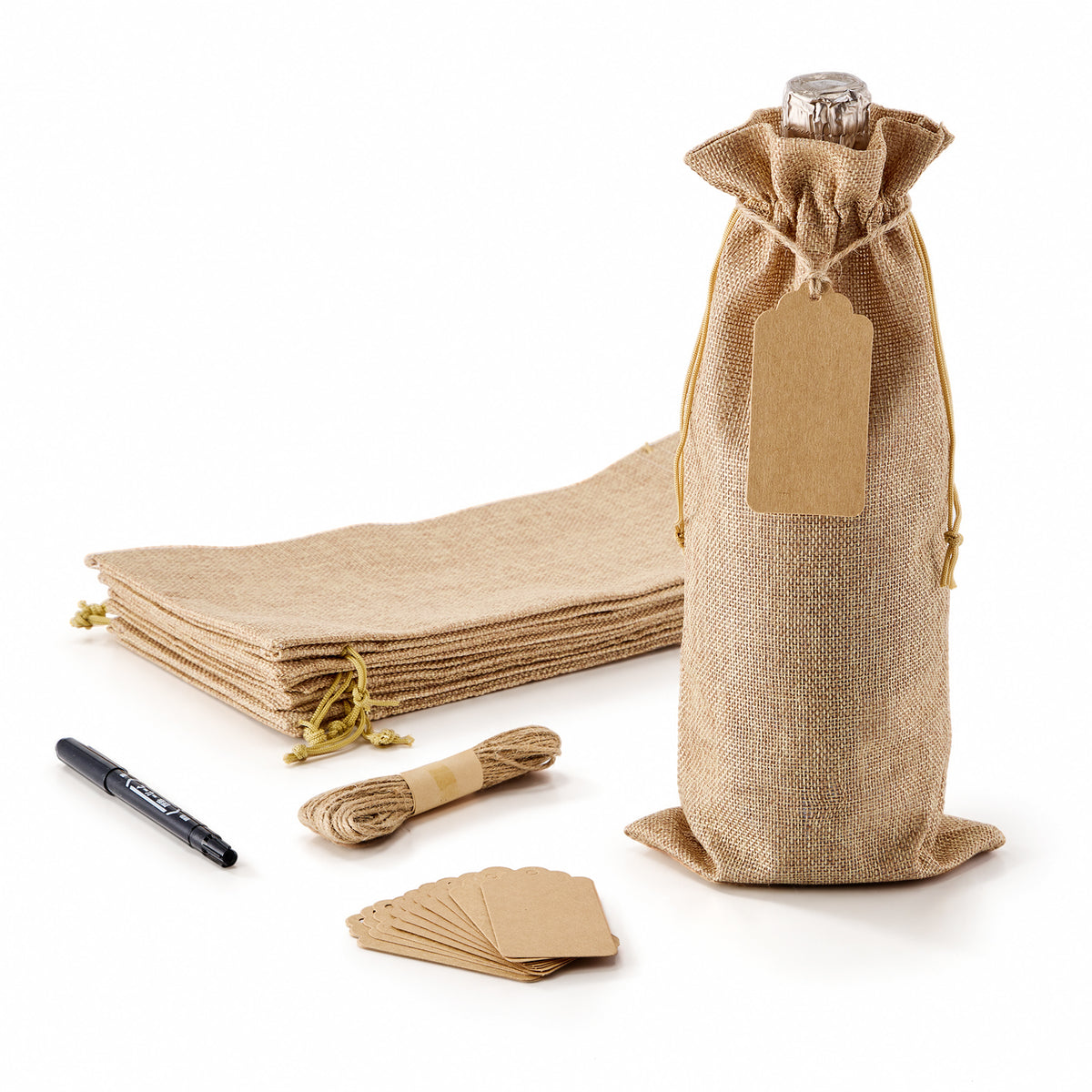Burlap-Style Wine Gift Bags with Tags - 12 Pack