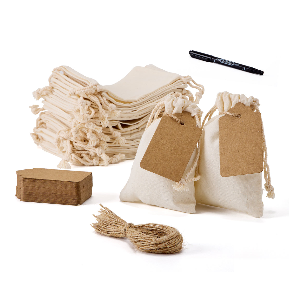 Cotton Drawstring Bags with Tags 9 x 12 cm - 50 Pack