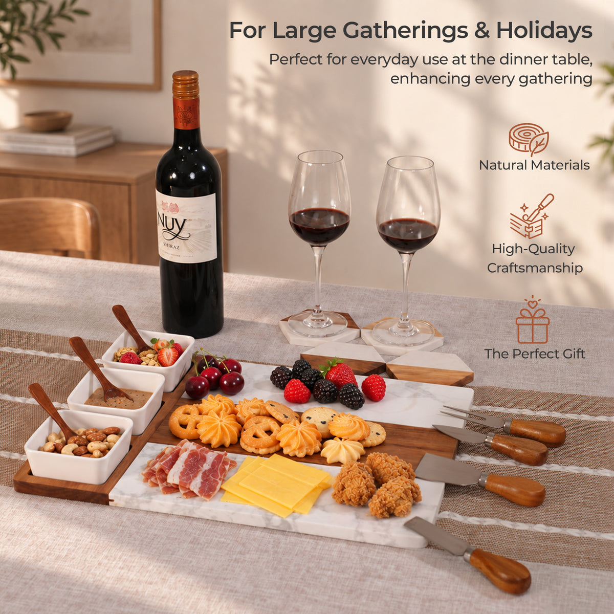 Acacia Wood & White Marble Charcuterie Board Set