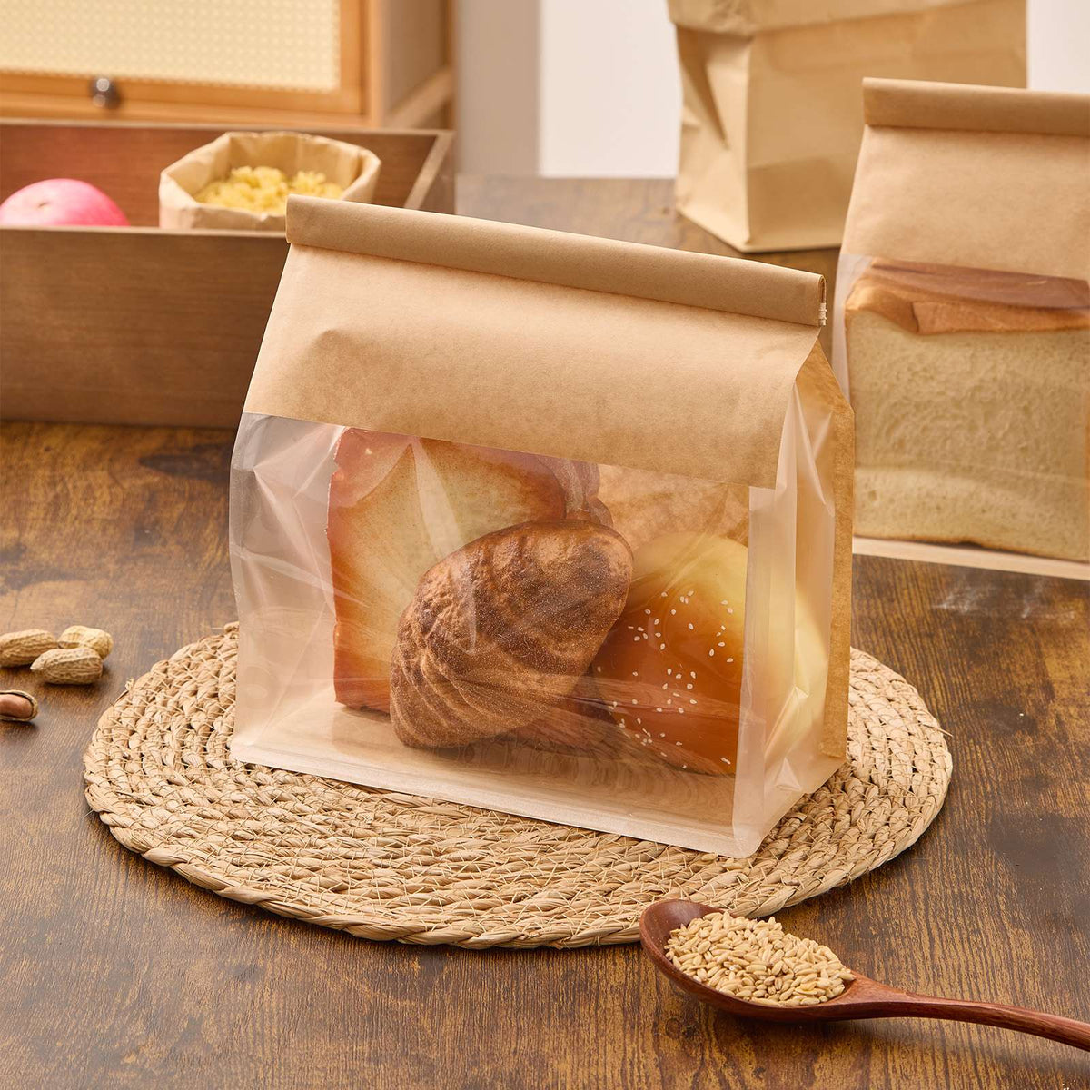 Kraft Paper Bread Bags with Window – 50 Pack (28cm x 22cm)