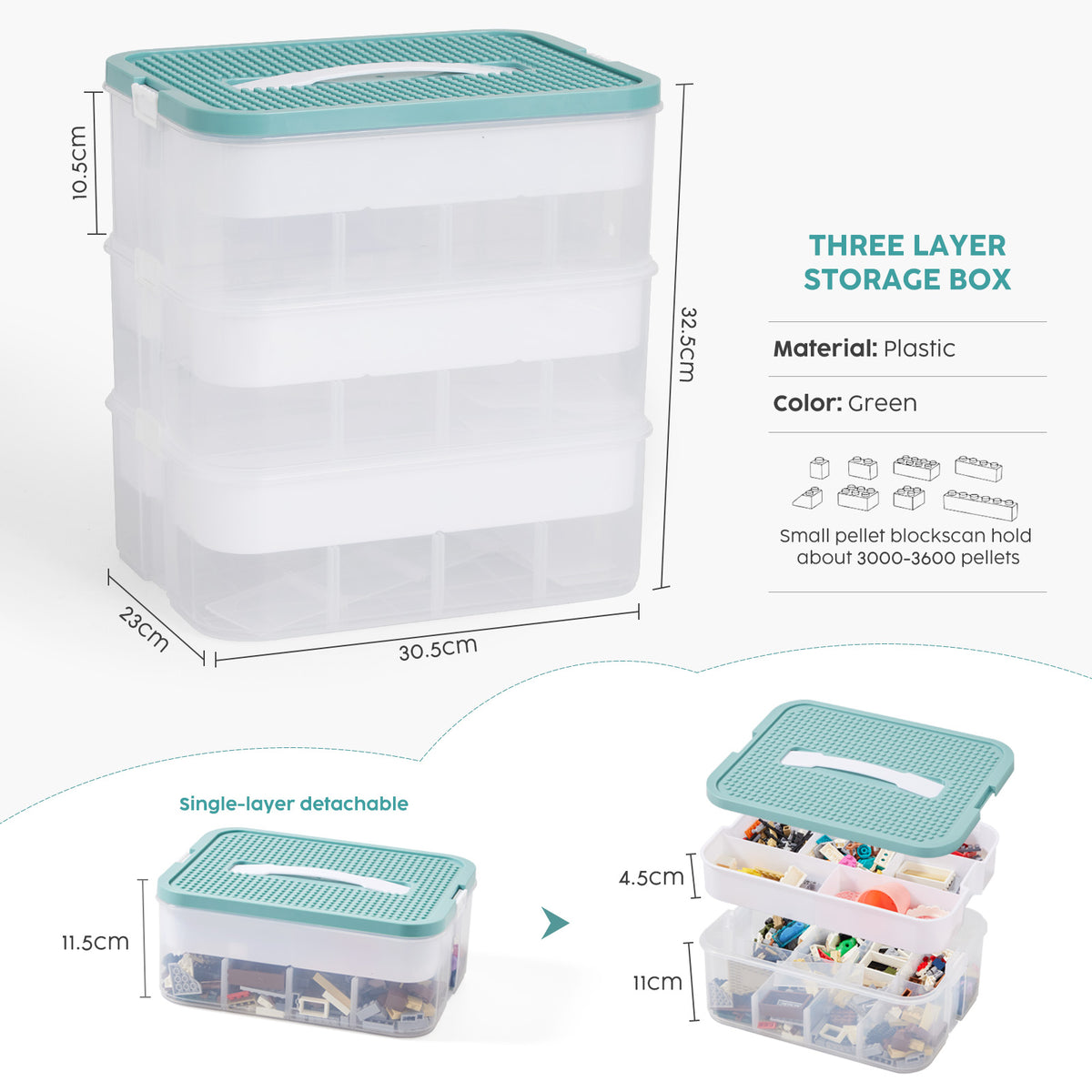 3-Tier Building Block Storage Box with Baseplate Lid