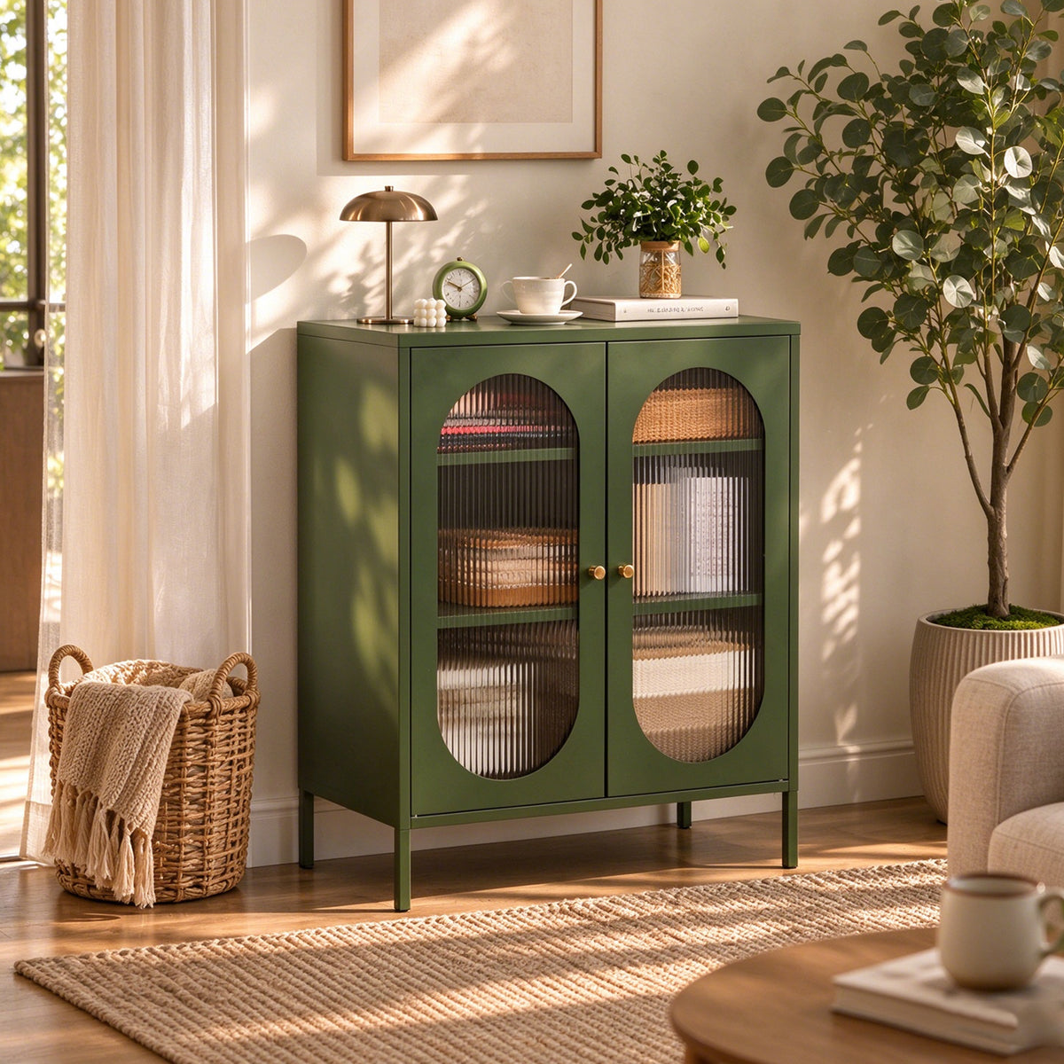 Metal Sideboard Cabinet with Ribbed Glass Doors
