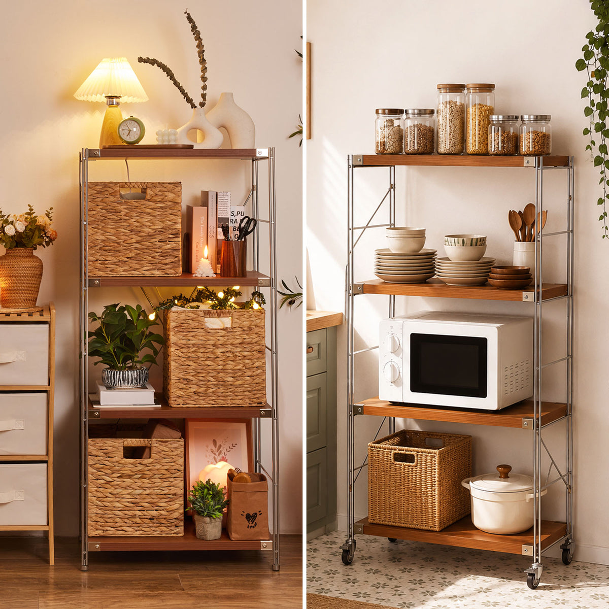 4-Tier Mobile Wooden Shelving Unit