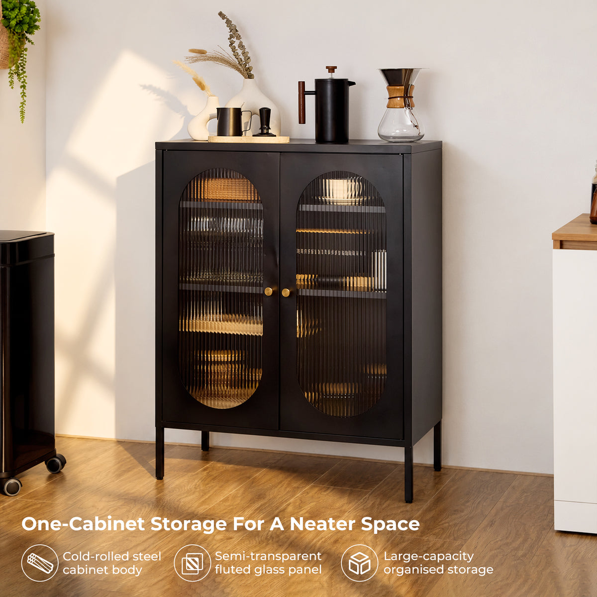 Metal Sideboard Cabinet with Ribbed Glass Doors