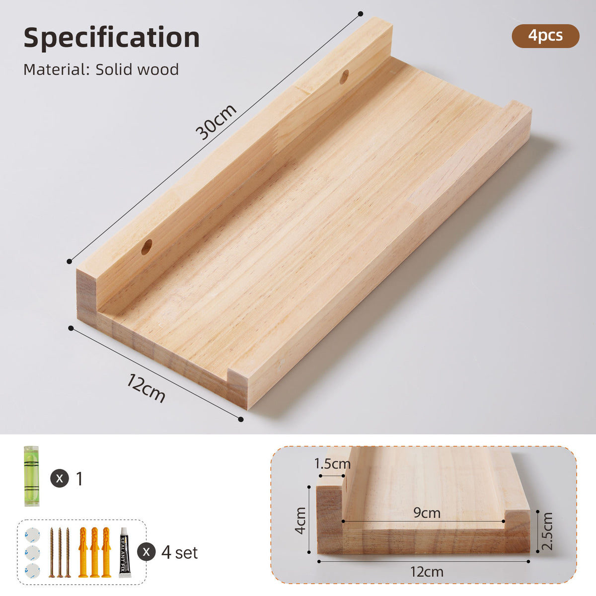 Solid Wood Floating Wall Shelves - Set of 4