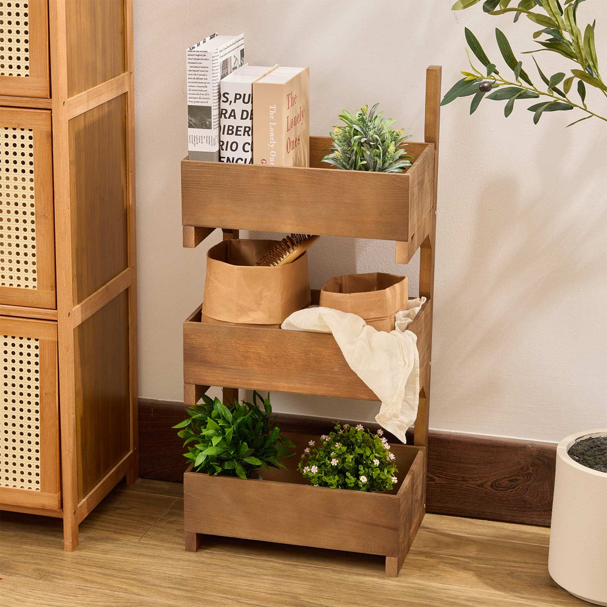 3-Tier Pine Wood Basket Display Stand
