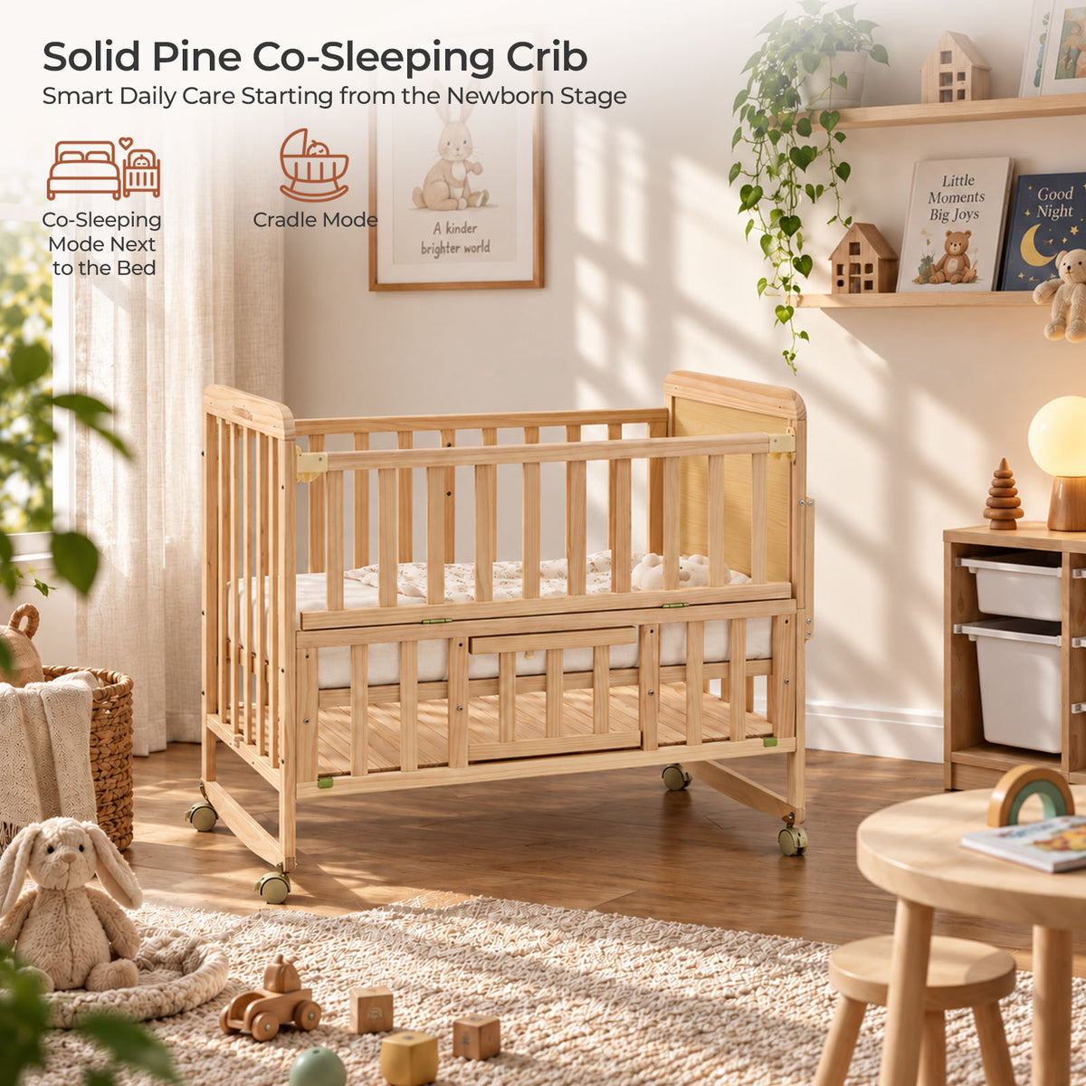 Pine Wood Baby Cot with Wheels