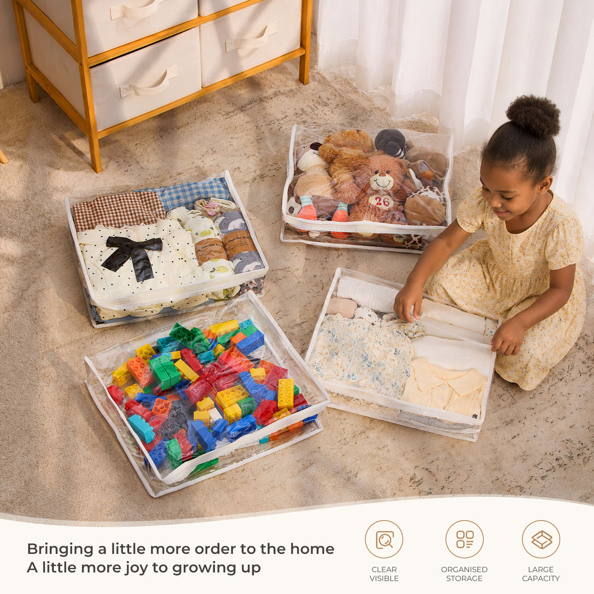 Clear PVC Storage Bags with Zipper for Kids Clothes & Toys – 6 Piece Organiser Set