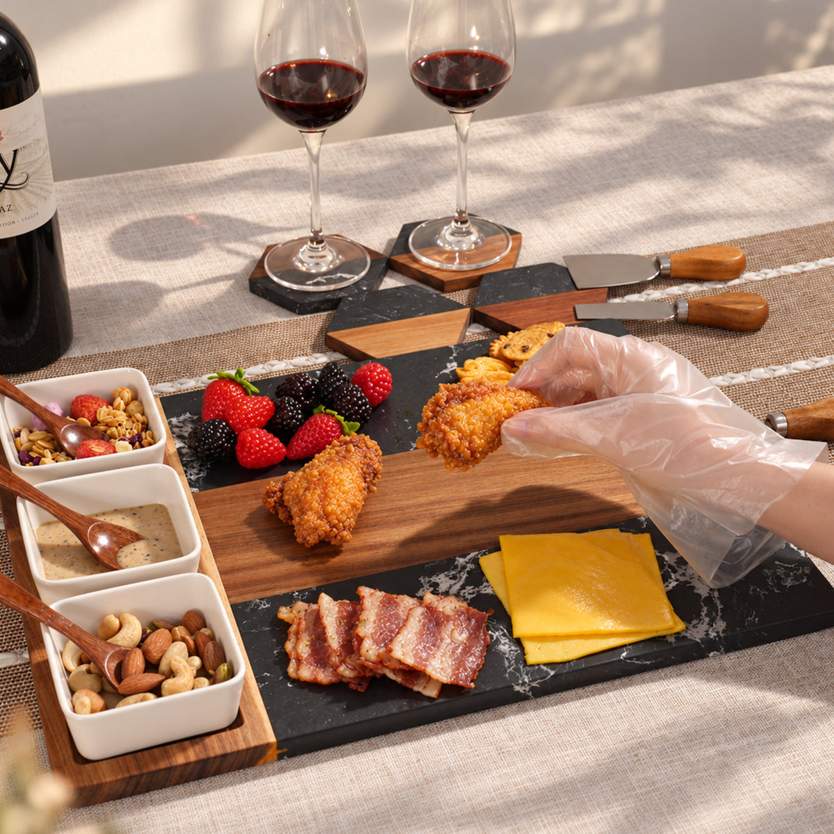 Acacia Wood & Black Marble Charcuterie Board Set