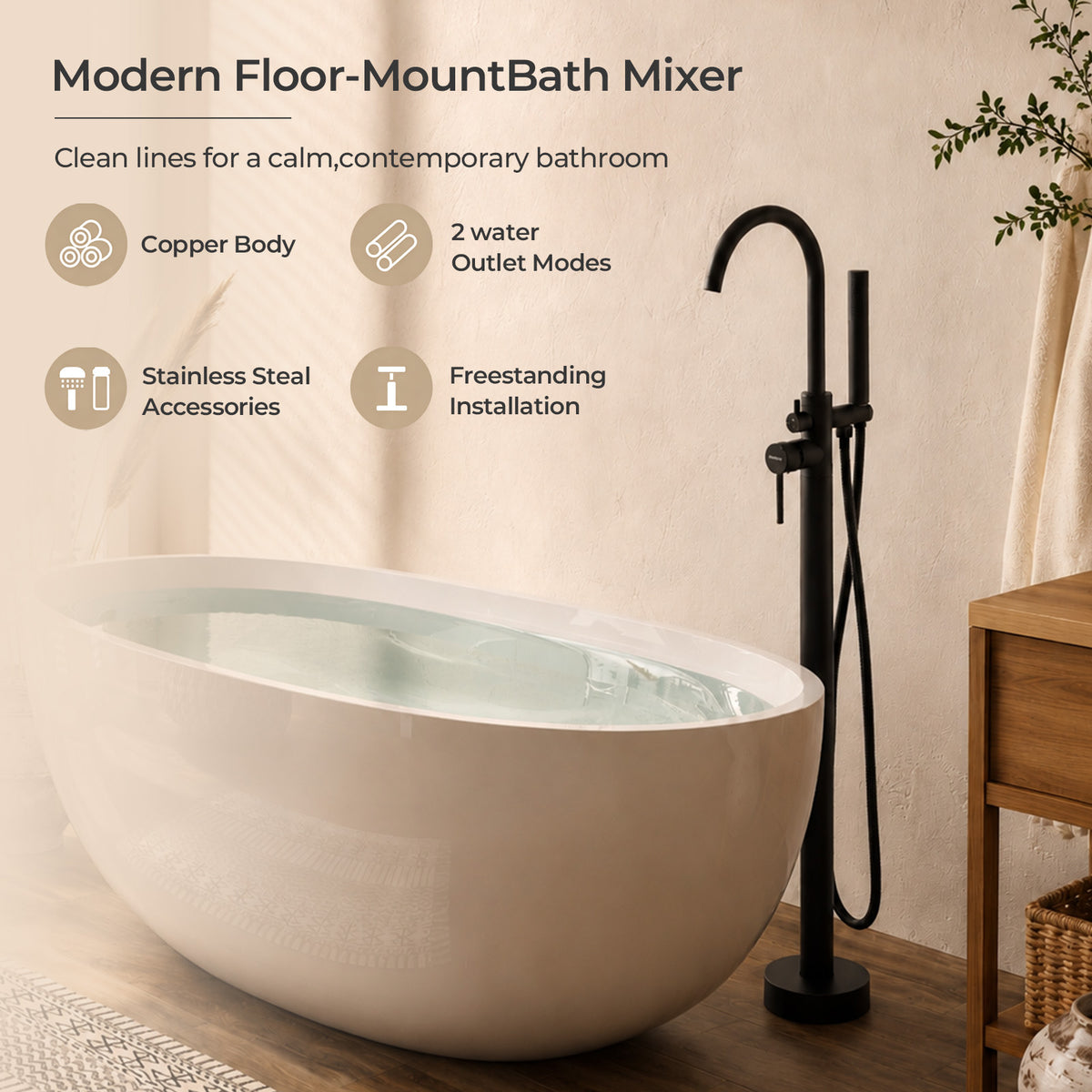 Freestanding Bath Mixer & Handheld Shower - Round