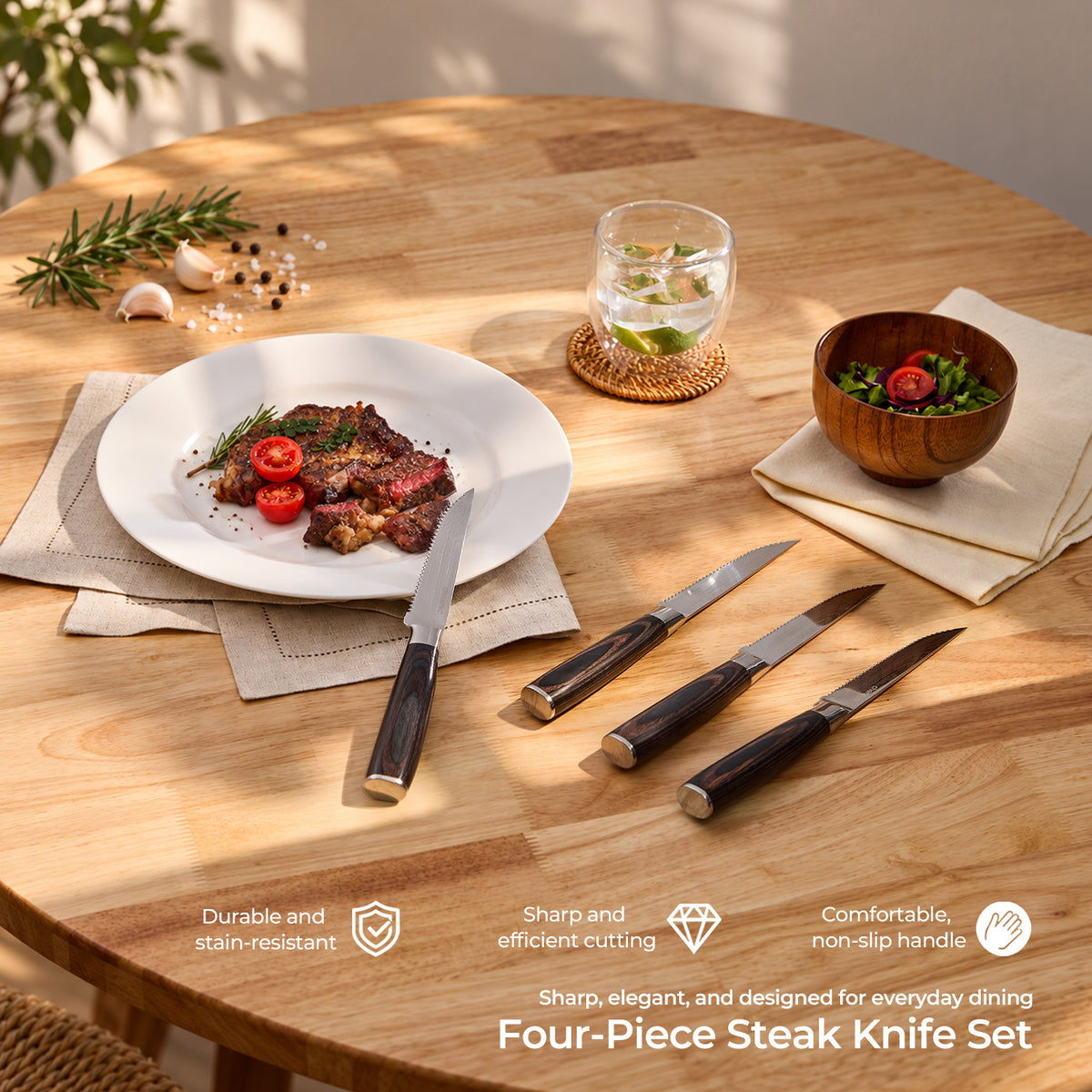 Wooden Handle Steak Knife - Set of 4