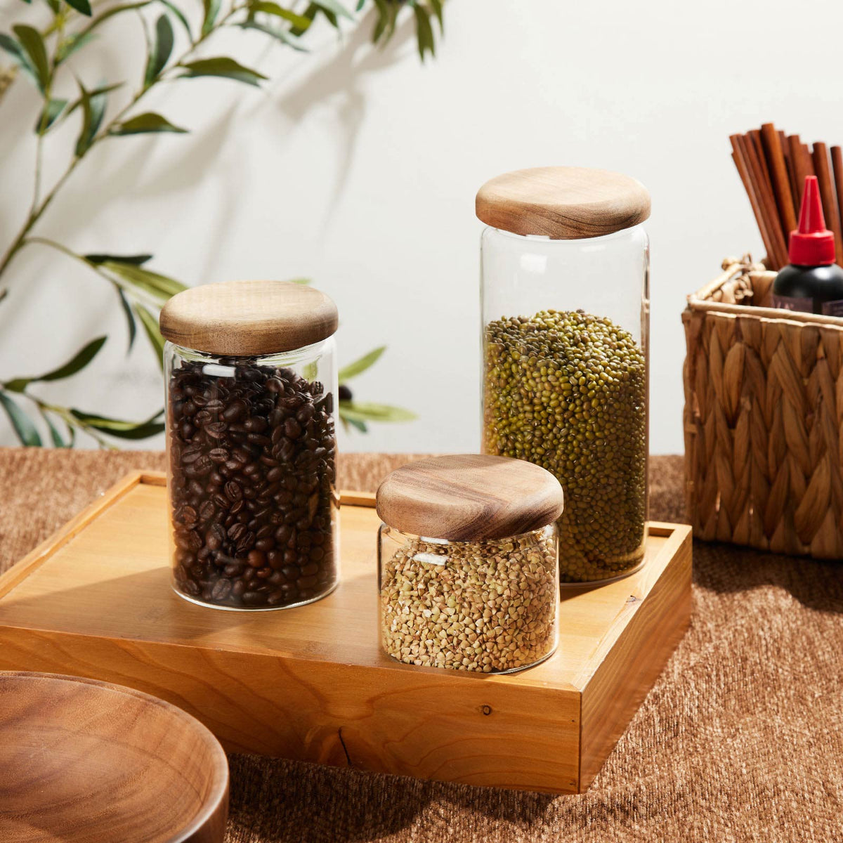 Glass Canister Set with Acacia Wood Lids - 3 Piece | 220ml, 600ml & 900ml