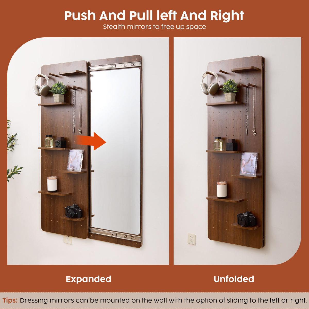 Brown Sliding Mirror with Pegboard Storage