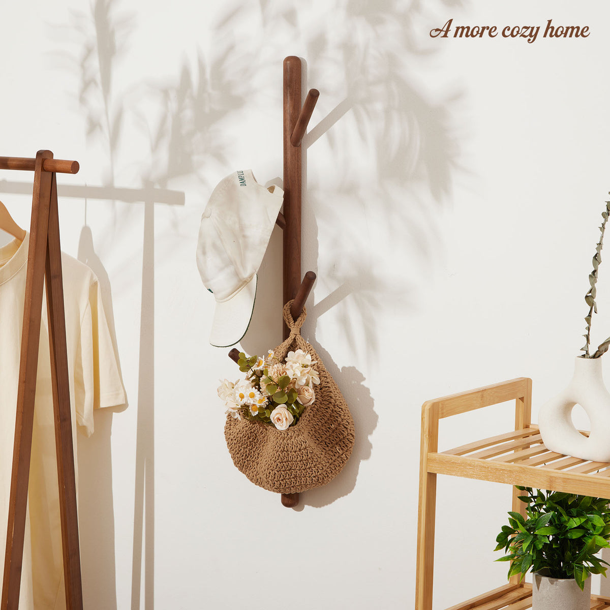 Solid Wood Wall-Mounted Coat Rack - 4 Hooks