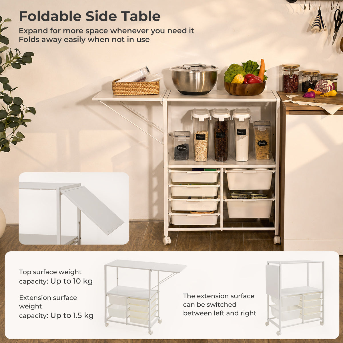 Extendable Kitchen Storage Cart with 6 Drawers