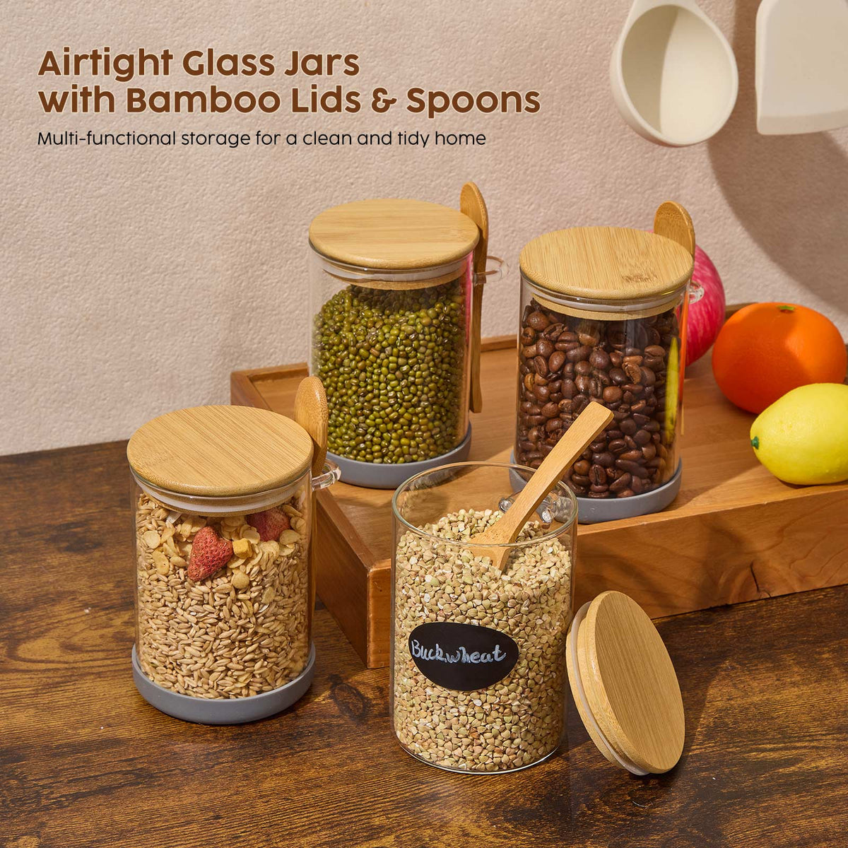 Glass Storage Jars with Bamboo Lids - 450 ml 4 Pack