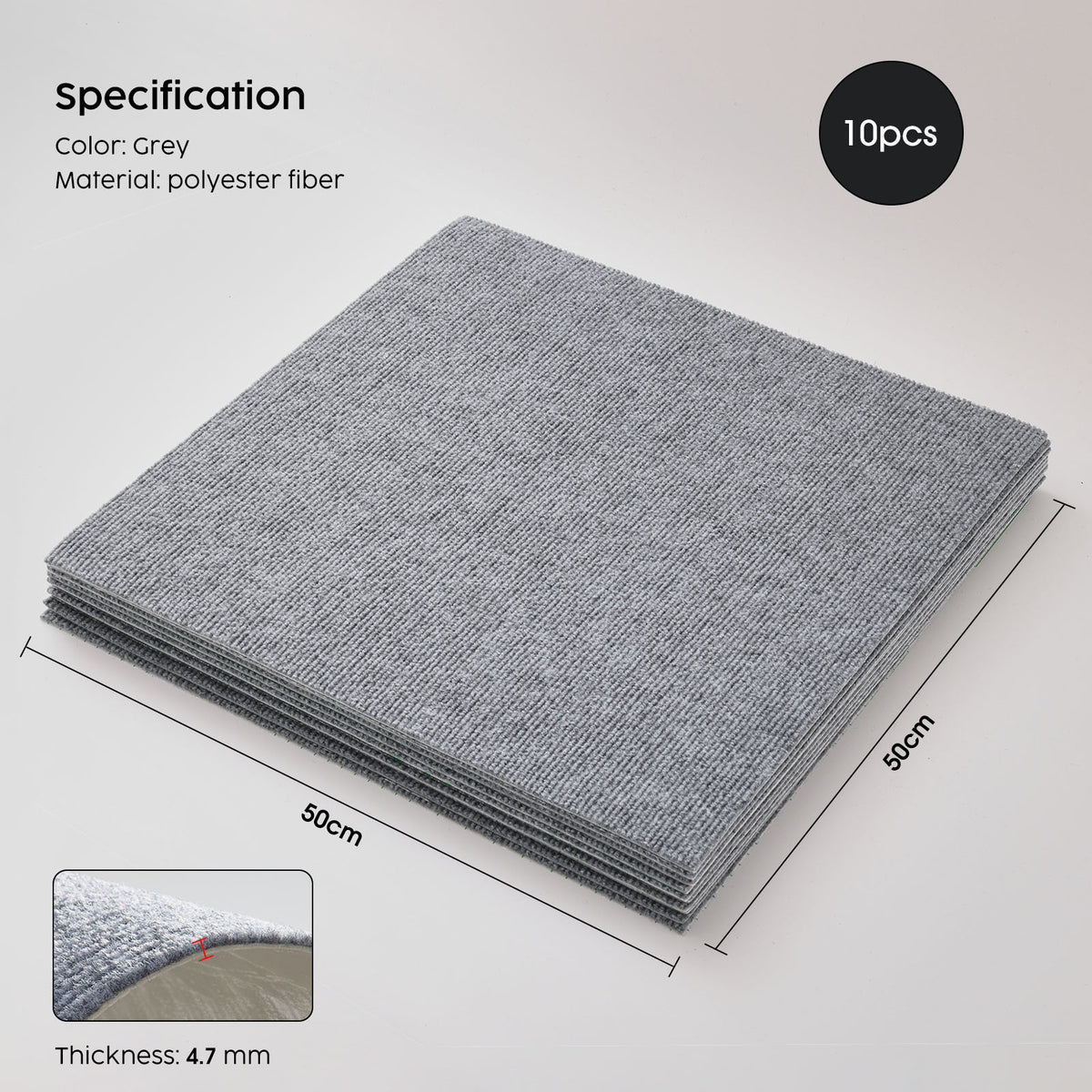 Self-Adhesive Carpet Tiles 50 x 50 cm - Grey, 10 Pack