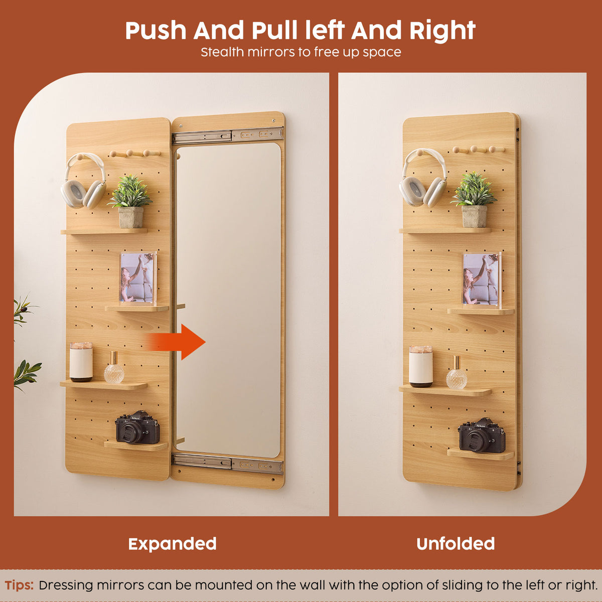 Sliding Mirror with Pegboard Storage