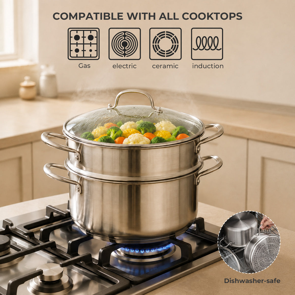 Stainless Steel Steamer Pot with Glass Lid - 5.8 L