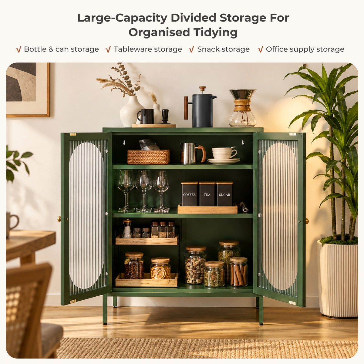 Metal Sideboard Cabinet with Ribbed Glass Doors
