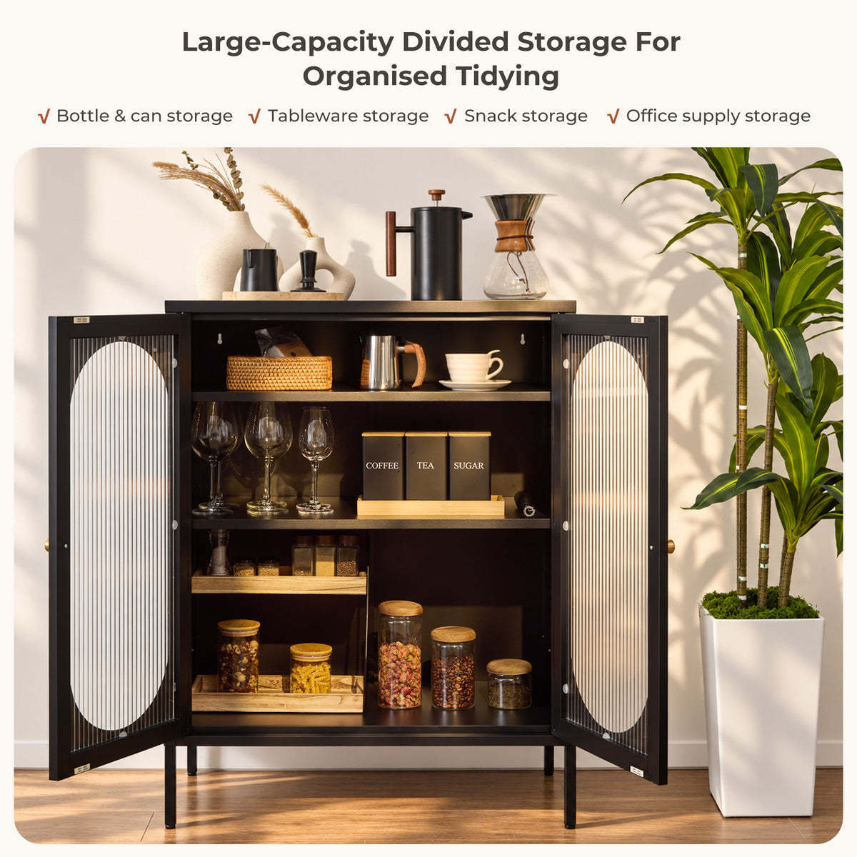 Metal Sideboard Cabinet with Ribbed Glass Doors