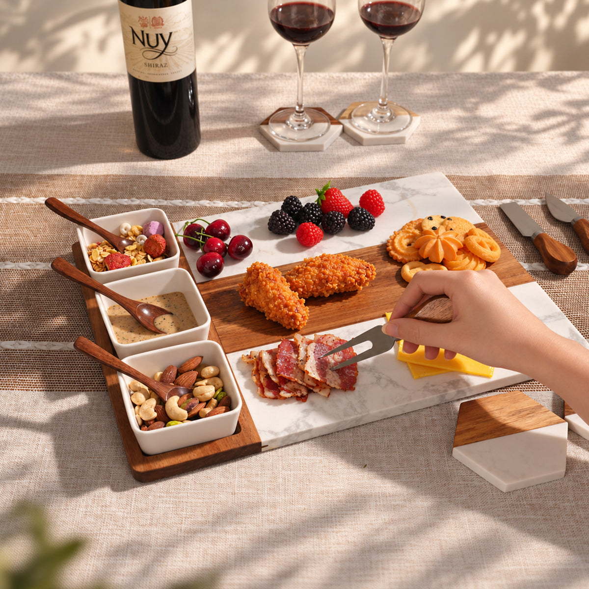 Acacia Wood & White Marble Charcuterie Board Set
