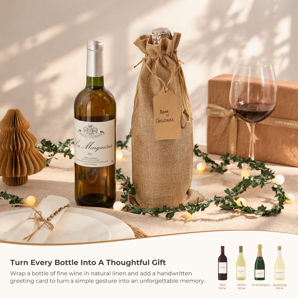 Burlap-Style Wine Gift Bags with Tags - 12 Pack