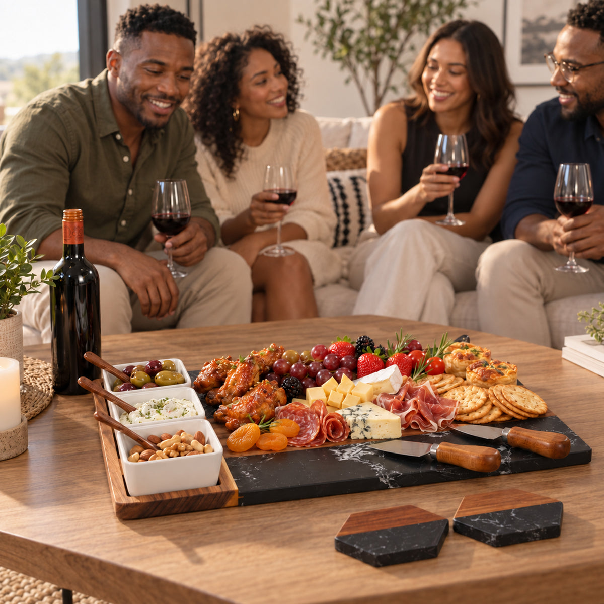 Acacia Wood & Black Marble Charcuterie Board Set