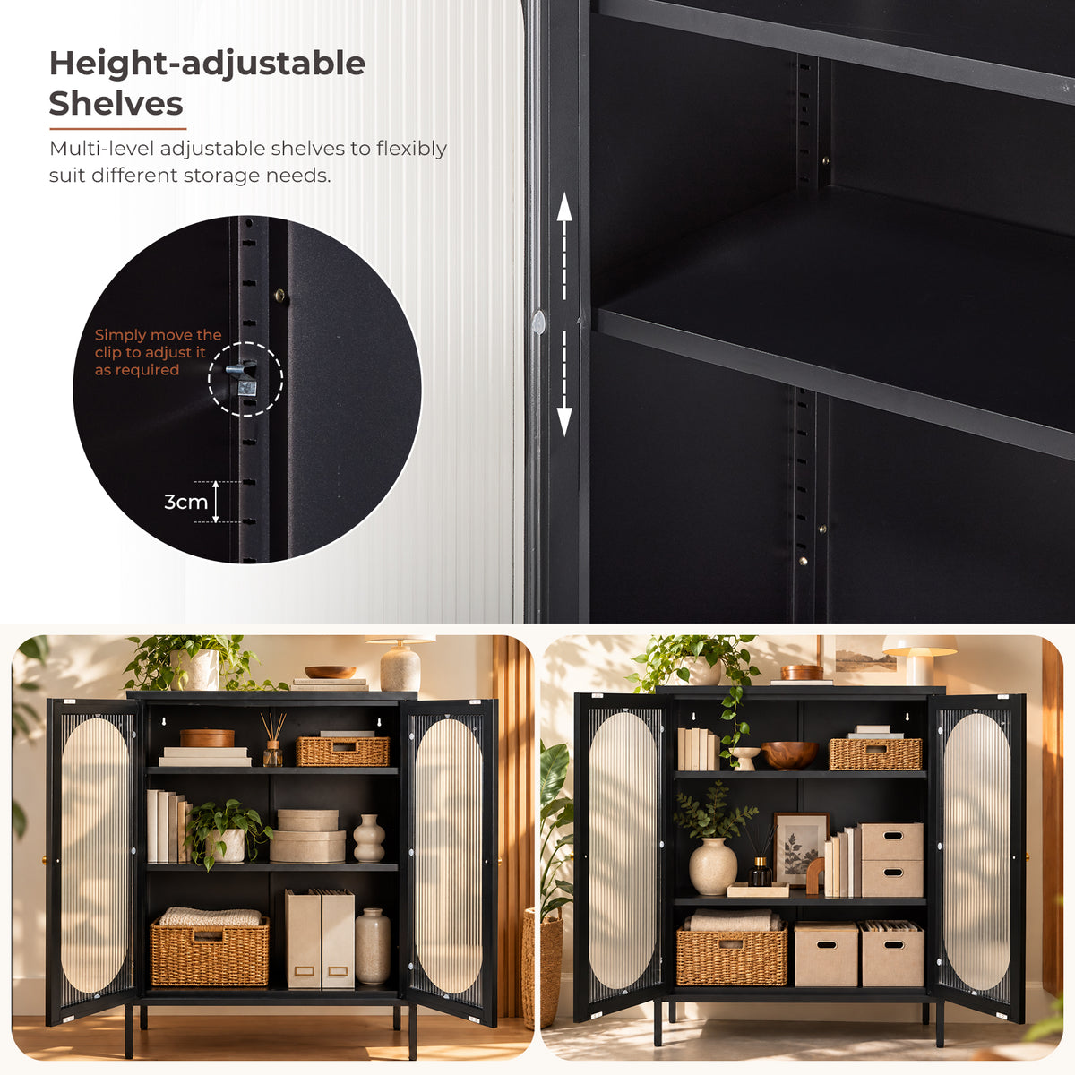 Metal Sideboard Cabinet with Ribbed Glass Doors