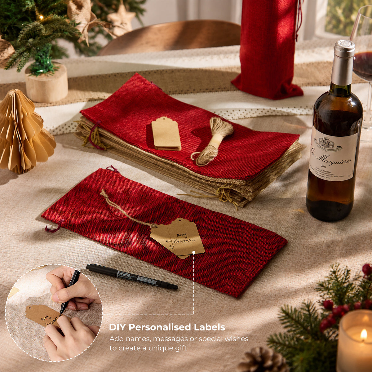 Burlap-Style Wine Gift Bags with Tags - 12 Pack