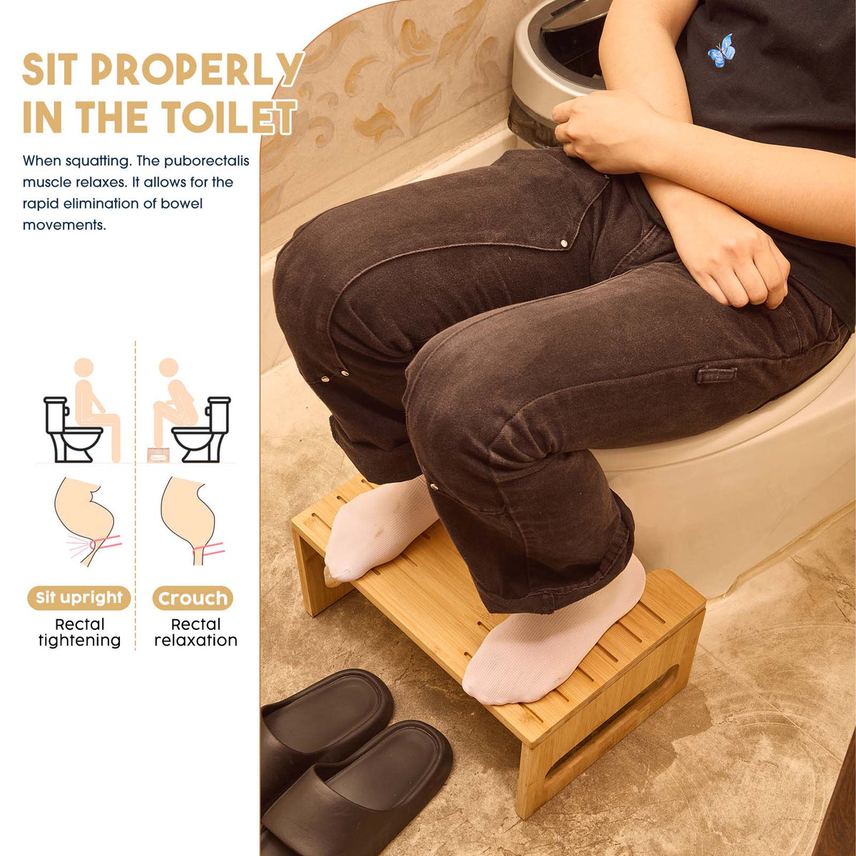 41cm Foldable Bamboo Toilet Stool with Non-Slip Footrest