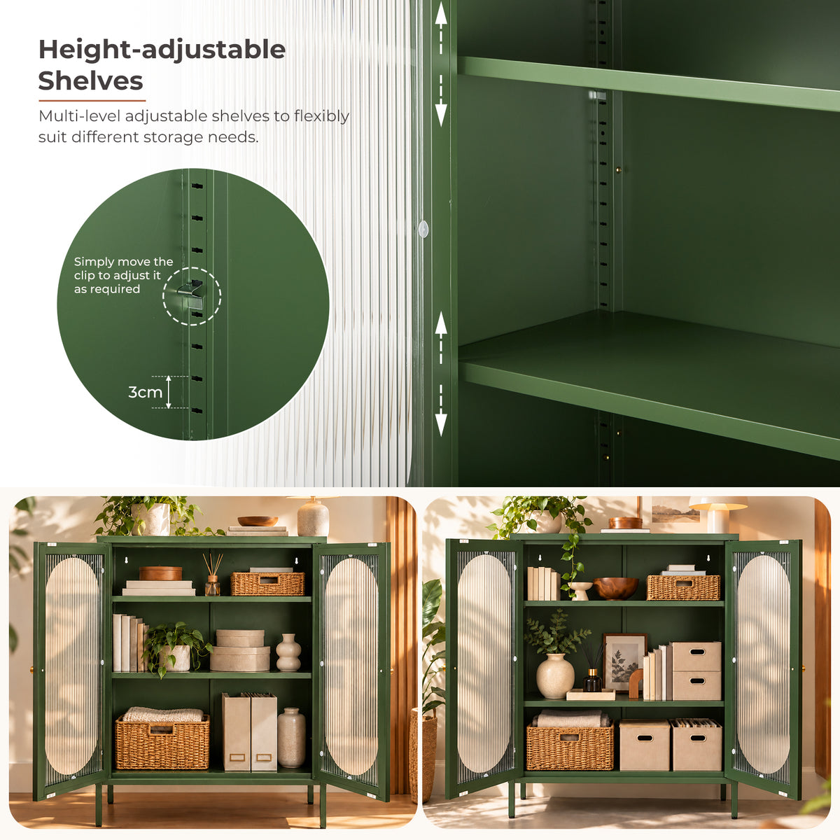 Metal Sideboard Cabinet with Ribbed Glass Doors
